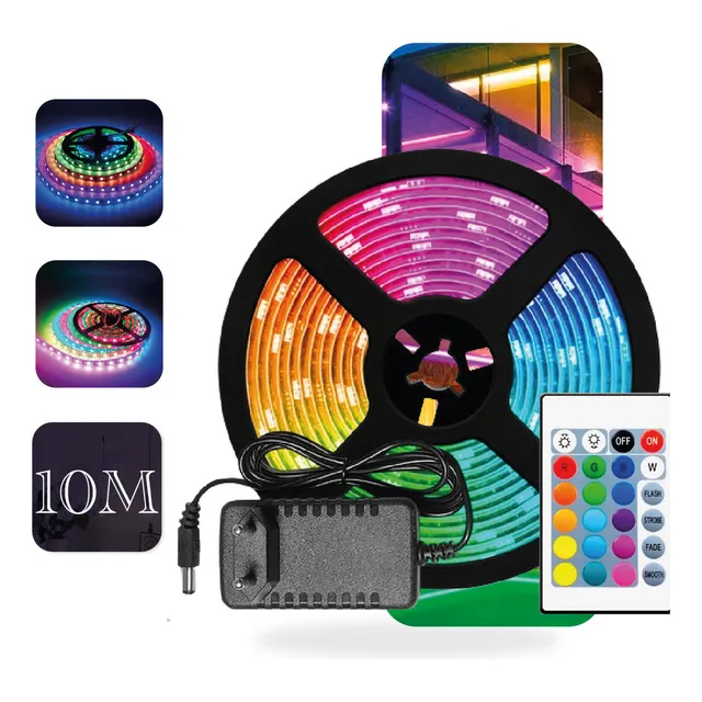 Fita LED RGB 5050 Rolo 5 metros Fonte 12V 3A e Controle Remoto