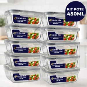 Kit 10 ou 5 Potes Vidro Hermético 450ml Retangular Mantimentos Marmita Premium