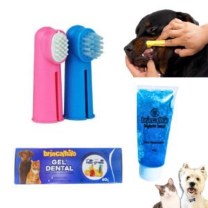 Kit Higiene Bucal Pet 2 Dedeiras + 1 Gel Dental auxilia o combate ao Mau Hálito de Cachorro Escova de dente Cãos e Gatos